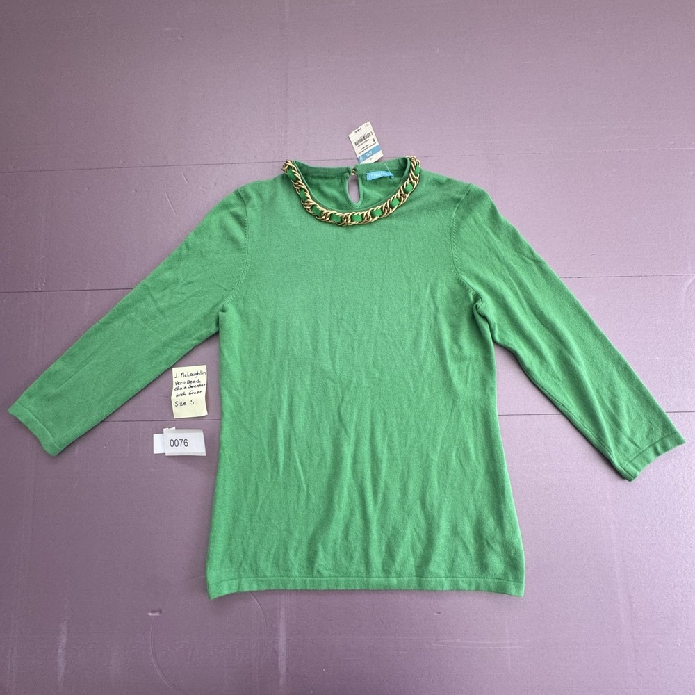 J.McLaughlin Vero Beach Chain Sweater Womens S Green NEW Gold‎ Chain Det 3/4 Slv